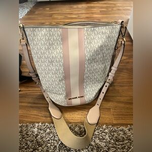 Michael Kors Pink and White Signature Stripe Shoulder Bag